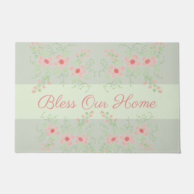 Felpudo Verde gris pastel con rosados (Anverso)