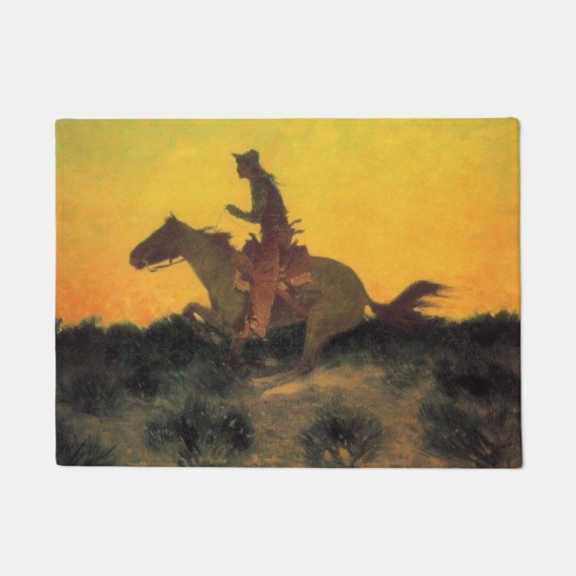 Felpudo Viajero a caballo contra la puesta de sol en el sa (Anverso)