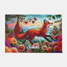 Felpudo Vidrio Manchado Mira Fox Rojo y Flores