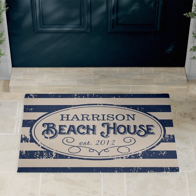 Felpudo Vintage Beach House Personalized Navy Blue (Subido por el creador)