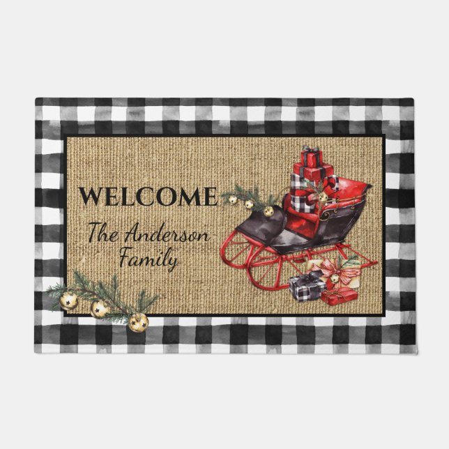 Felpudo Vintage Black Sleigh Packages Black Check Burlap | (Anverso)