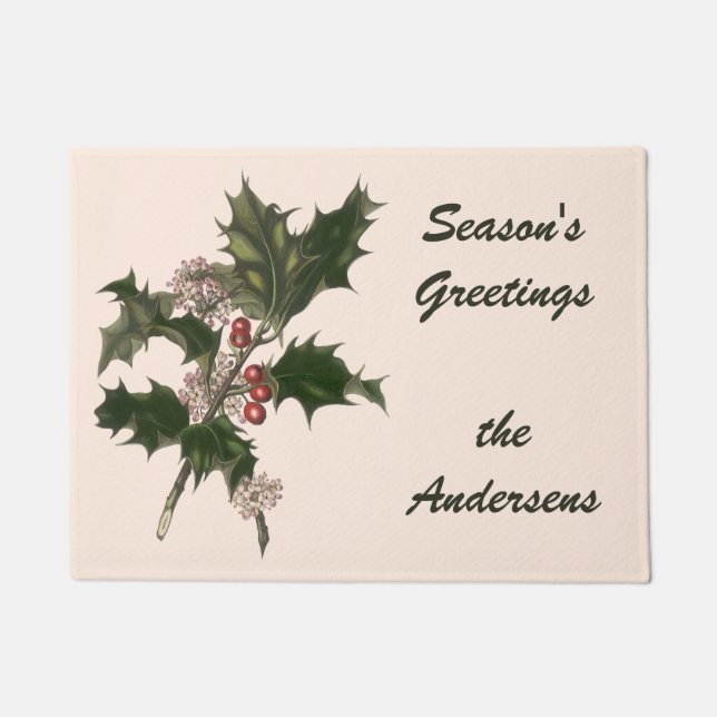 Felpudo Vintage Christmas, Green Holly Planta con Berries (Anverso)