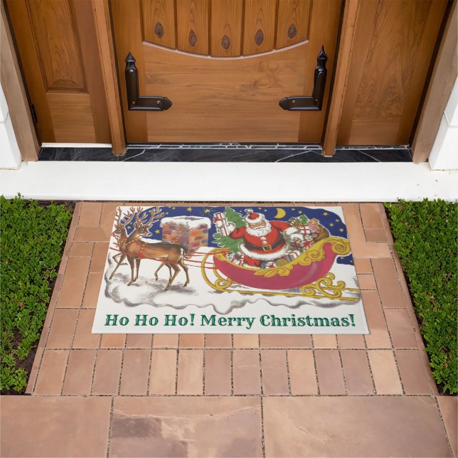 Felpudo Vintage Christmas, Jolly Santa Claus con Sleigh (Exterior)