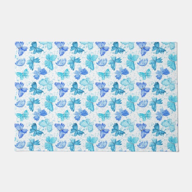 Felpudo Watercolor Blue and Turquoise Butterflies 2. (Anverso)