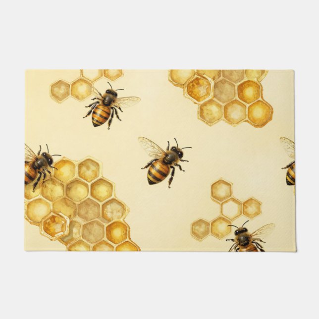 Felpudo Watercolor Honey Bee Honeycomb Pattern (Anverso)
