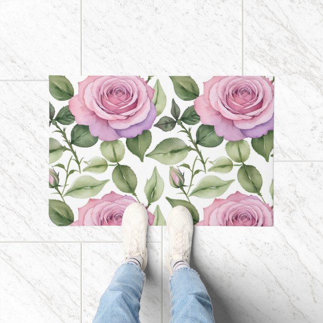 Felpudo Watercolor Pattern Of Pink And Lavender Roses (Interior)