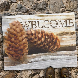 Felpudo Watercolor Pine Cones Rustic Wood Personalizado