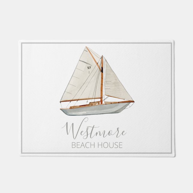 Felpudo Watercolor Sailboat Beach House (Anverso)