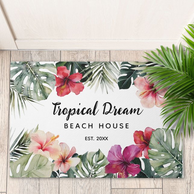 Felpudo Watercolor Tropical Floral Botanical Beach House (In situ)