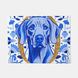 Felpudo Weimaraner asomándose a través de la letra "O" en