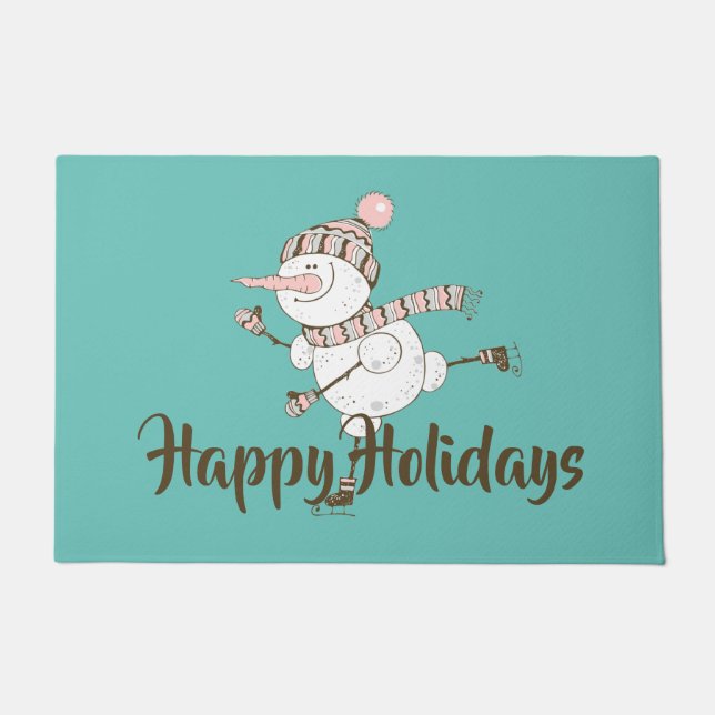 Felpudo Whimsical Ice Sking Snowman Personalizable (Anverso)