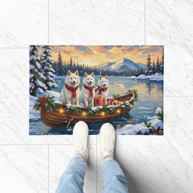Felpudo White American Eskimo Dog Christmas Boat Holiday (Interior)