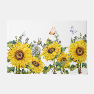 Felpudo White Beautiful Sunflower Garden And Butterfly