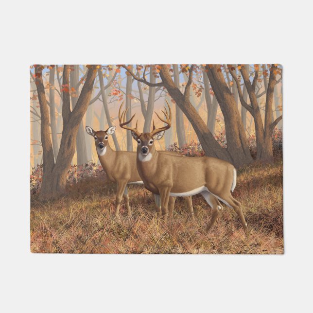 Felpudo Whitetail Deer Buck & Doe Otumn Maple Woods (Anverso)