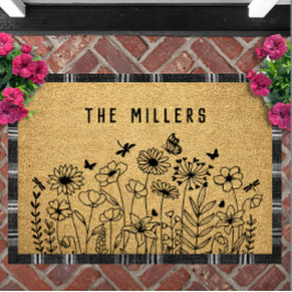 Felpudo Wildflower Line Art Personalized Welcome Custom