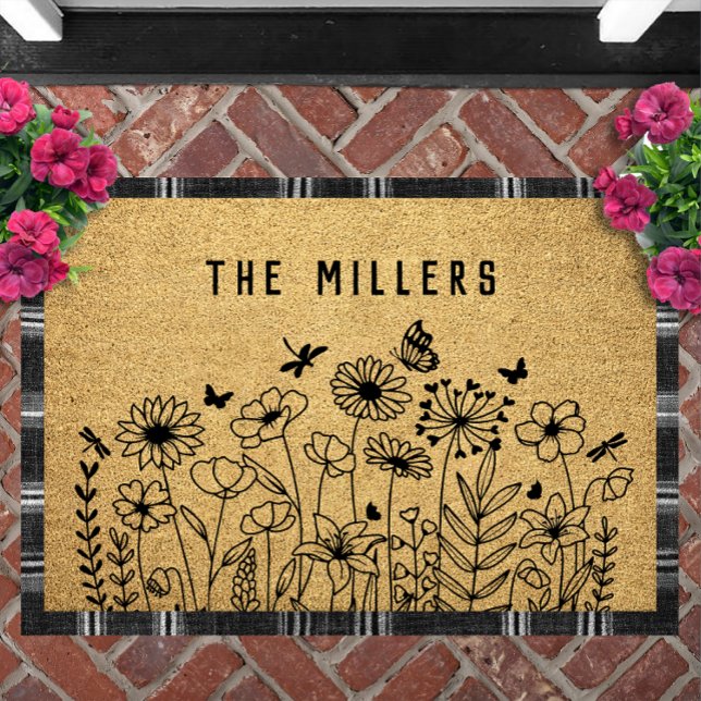 Felpudo Wildflower Line Art Personalized Welcome Custom (Wildflower Line Art Personalized Doormat | Custom Text Welcome Mat Housewarming Gift)