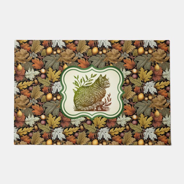 Felpudo William Morris deja otoño con gato personalizado (Anverso)