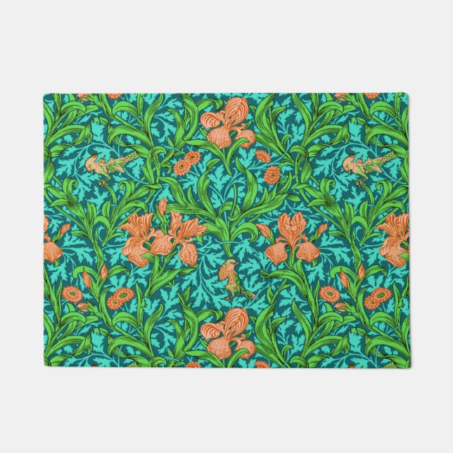 Felpudo William Morris Irises, Naranja y turquesa (Anverso)