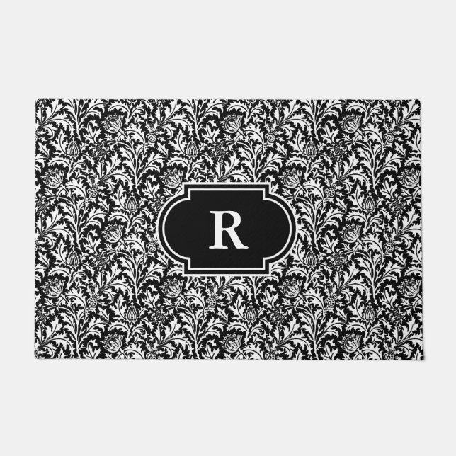 Felpudo William Morris Thistle Damask, negro y blanco (Anverso)