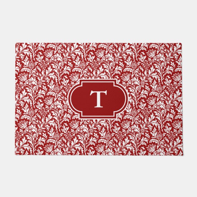 Felpudo William Morris Thistle Damask, rojo oscuro y blanc (Anverso)