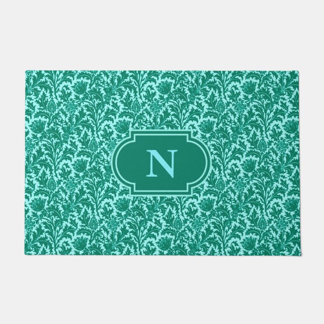 Felpudo William Morris Thistle Damask, Turquesa y Aqua (Anverso)