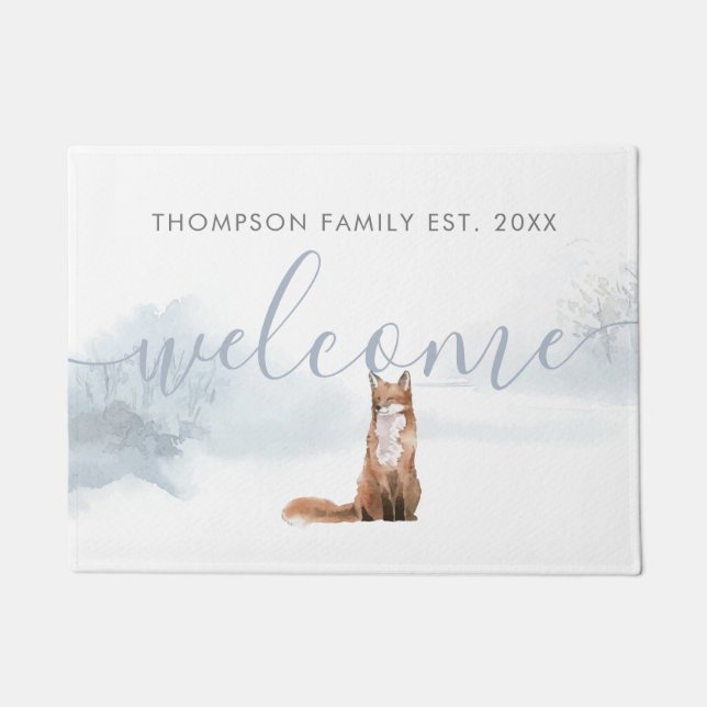 Felpudo Winter Woodland Scene Fox nombre familiar personal (Anverso)
