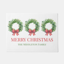 Felpudo Wreath Verde De Acuarela Con Bow Rojo De Gingham