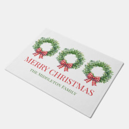 Felpudo Wreath Verde De Acuarela Con Bow Rojo De Gingham