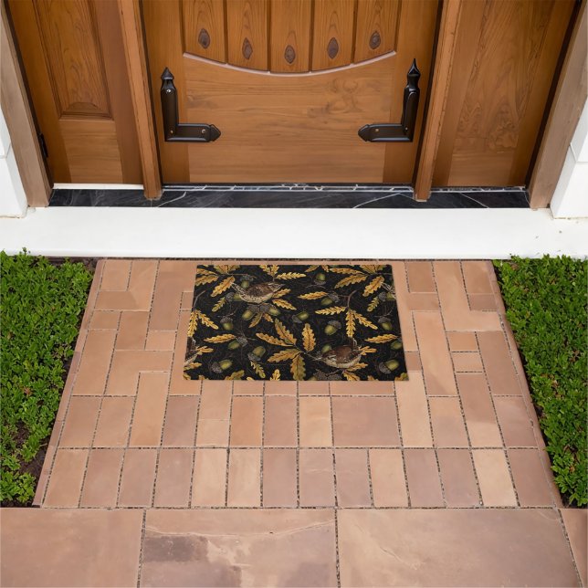 Felpudo Wrens y bellotas sobre negro (Exterior)