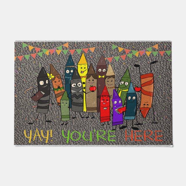 Felpudo Yay You're Here Doormat, Cute Crayons  (Anverso)