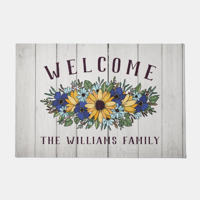 Felpudo Yellow Blue Sunflower Bouquet White Wood Welcome (Anverso)