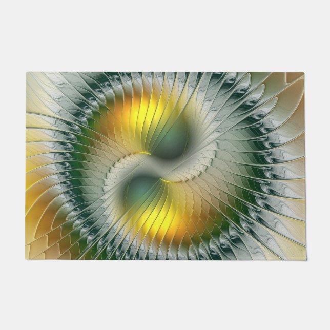 Felpudo Yin Yang Green Yellow Resumen Fractal colorido (Anverso)