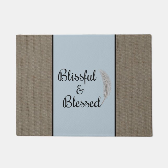 Felpudo Zen angel rústico plumas azul burlap print doormat (Anverso)