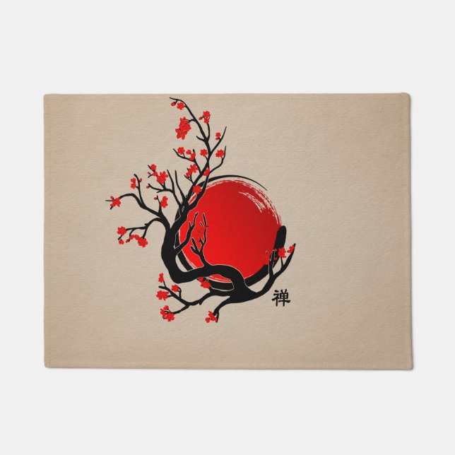 Felpudo Zen Enso Circle, Sun and Red Sakura Blossom (Anverso)