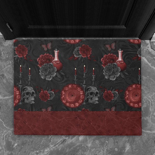 Felpudo Zodiac Magic Crimson | Rosa Henna Red Gothic Skull (Subido por el creador)