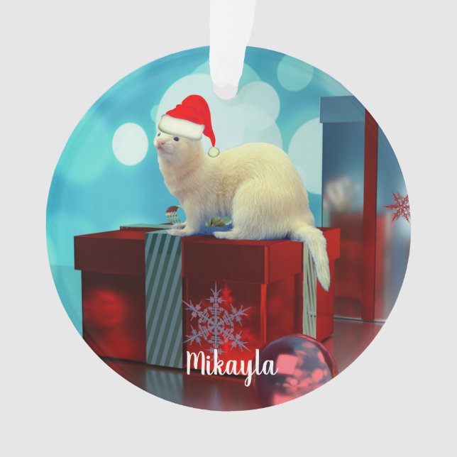 Ferret Mascota blanco en el adorno de Santa Hat (Anverso)
