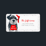 Ferry Christmas Dog Santa Hat Etiquetas de direcci<br><div class="desc">Miniatura Schnauzer usando sombrero de Santa y llevando una bolsa de regalo con las palabras ¡Feliz Navidad! Diseño Navidad sencillo,  divertido y estilizado. Pequeños copos de nieve en el fondo. Gris,  rojo y blanco.</div>