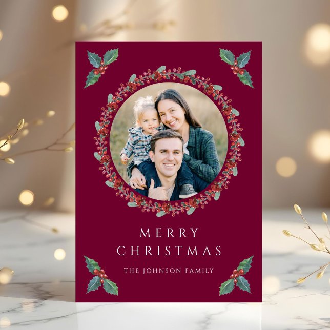 Festejo Botánico de Acebo Verde Foto Navidad (Festive Holly Botanical Greenery Photo Christmas Holiday Card)