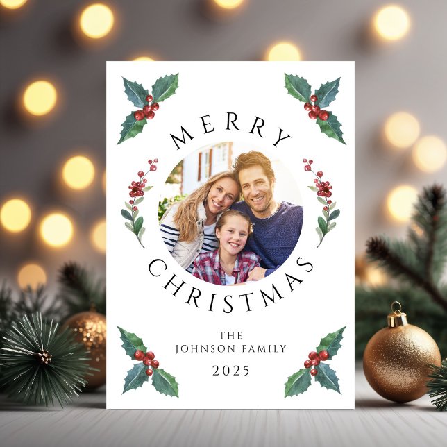Festejo Botánico de Acebo Verde Foto Navidad (Festive Holly Botanical Greenery Photo Christmas Holiday Card)