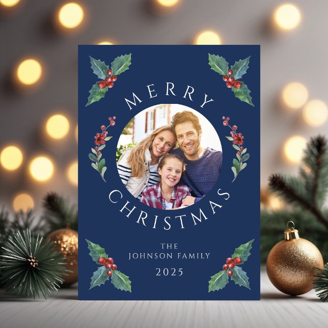 Festejo de acebo botánico verde fotografía Navidad (Festive Holly Botanical Greenery Photo Christmas Holiday Card)