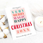 Festejos modernos de la gran tipografía navidad<br><div class="desc">Guión de tipografía audaz y una paleta de colores cálidos naranja, azul verde azulado, verde cazador, rosa y rojo que hacen de una familia de Navidades de estilo contemporáneo moderno o de empresa de saludos sin tarjeta de foto. Personalízalo con tu texto y firma en un guión manuscrito con letras...</div>