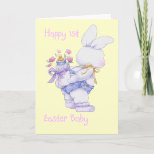 Festiva 1ra tarjeta feliz del bebé de Pascua (chica)
