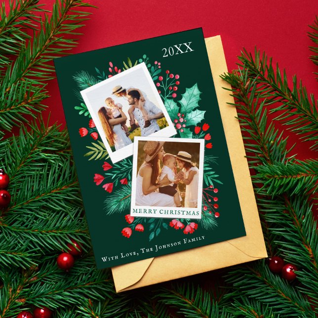 Festiva 2 Foliage de la tarjeta de Navidades de la familia (2 Photo Family Christmas Card Watercolor Foliage)