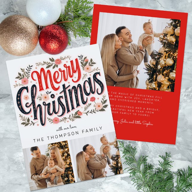 Festiva 3 foto Tarjeta de Navidades botánicos de Feliz Nav (3 Photo Floral Christmas Card)