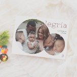 Festiva Alegría | Tarjeta Navideña Moderna con 2 Fotos<br><div class="desc">Elegante y moderno tarjeta de Navidad. El diseño presenta dos dos en forma circular, dandel un toque gráfico a sus destacados. La foto más pequeña se superpone sobre la más grande. La palabra "Alegría" aparece en tipografía minimalista de color en la esquina superior y el nombre de su familia se...</div>