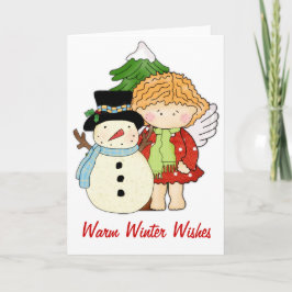 Festiva Ángel con Muñeco de Nieve Tarjeta de Deseos Cálido
