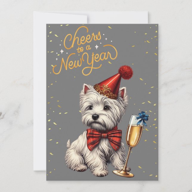 Festiva Año Nuevo eve Westie con tarjeta de champán (Anverso)