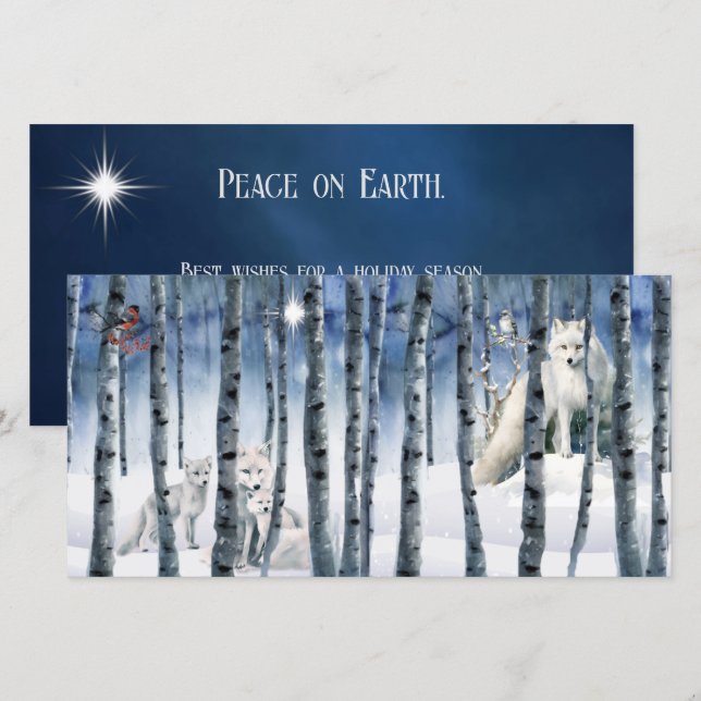 Festiva Arctic Fox en Winter Woods con tarjeta de vacacion (Anverso / Reverso)
