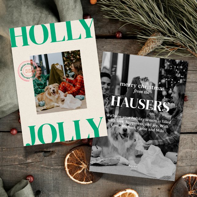 Festiva Audaz tarjeta de vacaciones con timbre de fotos fa (Celebrate the season in bold style with this playful “Holly Jolly” photo card. )