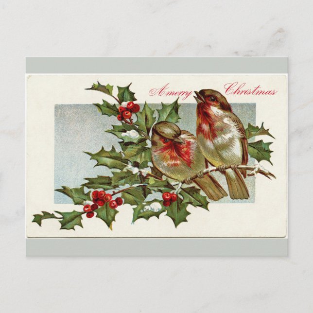 Festiva Aves de época y Navidades grises holgados postal (Anverso)